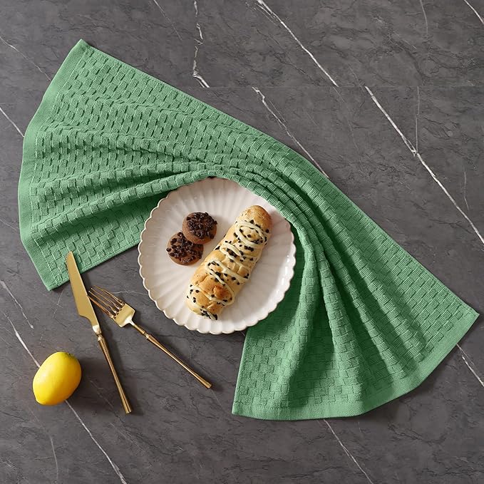 Homaxy 100% Cotton Terry Kitchen Towels(15" x 25", 8 Pack), Soft and Super Absorbent Dish Towels, 380 GSM Reusable Tea Towel with Hanging Loop, Pineapple Grid Designed, Grass Green