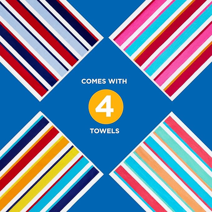 Ben Kaufman Joey Velour Colored Classic Multi-Color Stripe Beach & Pool Towel - Large Cotton Towel - Soft & Absorbant - Assorted Colors - 32” x 62” - 4 Pack