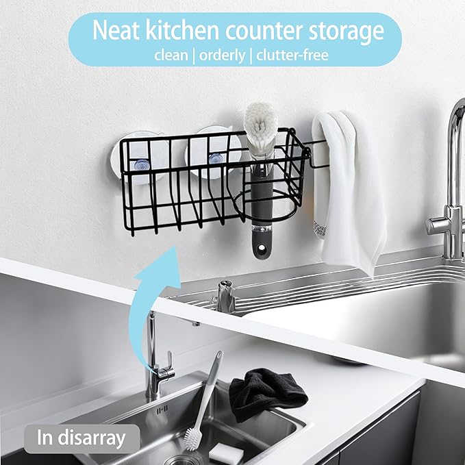 Sponge Holder with Dish Cloth Hanger for Kitchen Sink, In-sink Caddy Organizer with Suction Cups & Adhesive Strips, Rustproof Sponge Rack for Soap, Brush, Scrubber - Black（3 Pack）