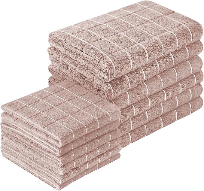 Puomue Microfiber Kitchen Towels and Dishcloths Set, 26 X 18 Inch and 12 X 12 Inch, Set of 12 Bulk Lint Free Dish Towels for Drying Dishes, Camel