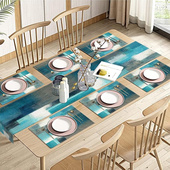 Emvency Farmhouse Table Runner and Placemats Set of 6, Cotton-Linen Abstract Teal and Grey Painting Art Dining Table Decor for Daily Use(1 Table Runner 72 inches Long and 6 Placemats)