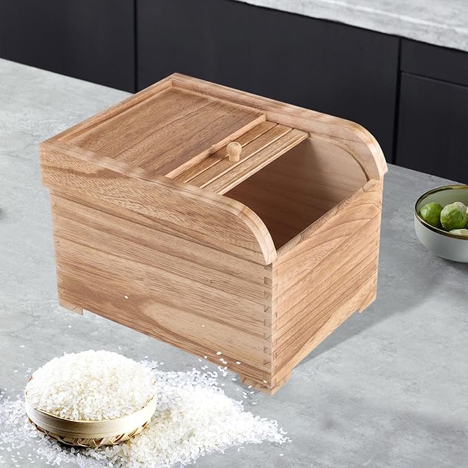Wooden Rice Storage Container with Sliding Lid, Wood Food Container for Cereal, Grains, Flour, Light Brown