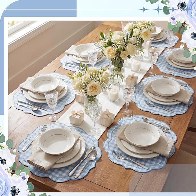 Breling Set of 6 Blue Gingham Placemats Scalloped Embroidered Cotton Linen Placemats 17" x 13" Double Layered Machine Washable Table Place Mat for Wedding Birthday Baby Shower Party Table Decor