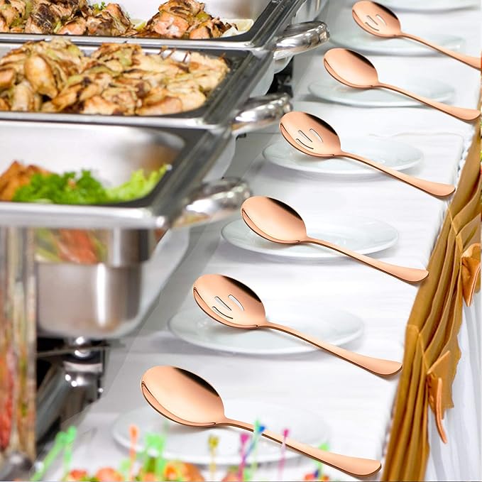 LIANYU 6-Piece Large Copper Serving Spoons, Stainless Steel Copper Slotted Spoons, Rose Gold Serving Utensils for Party Buffet Restaurant Banquet Dinner Catering, Dishwasher Safe, 9.8Inch