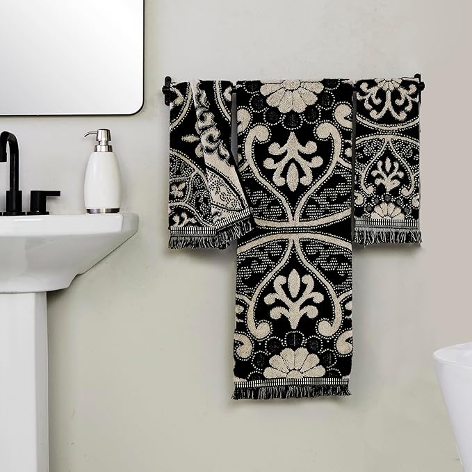 SKL Home Amherst Medallion 100% Cotton Premium Bath Towel, 600 GSM, Soft & Absorbent, Reversible Jacquard, Black
