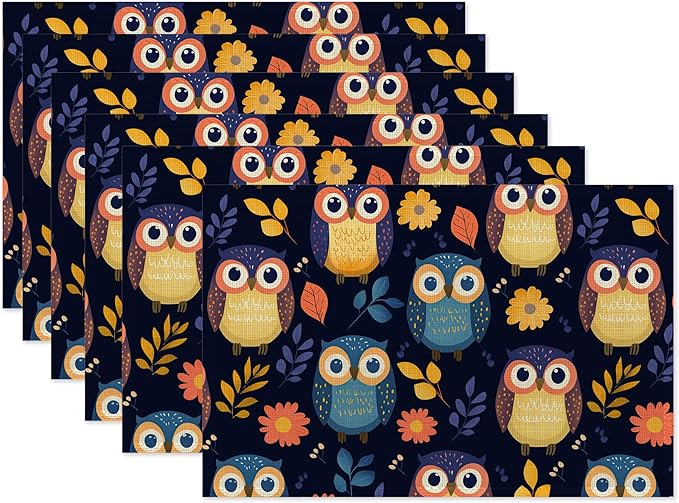 Cute Owl Table Mats Set of 6,Non-Slip Washable Placemats for Restaurant Home Kitchen Dinner Table 12x18Inch