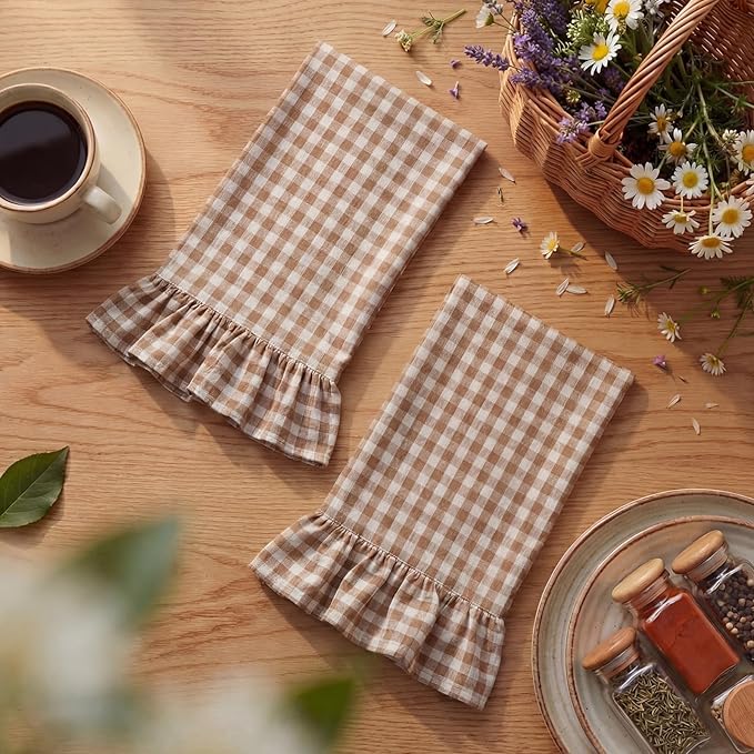 HunnmingRe Taupe Kitchen Towels Set of 2, 100% Cotton Ruffled Gingham Dish Towels 18"x28" Absorbent Tea Cloths Classic Plaid Pattern for Farmhouse Charm, Drying Dishes, Entertaining Guests