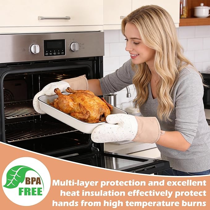 10 Pcs Kitchen Oven Mitts and Potholders Set with Hook and Oil Brush, Cooking Mittens Heat Resistant 500°F Silicone Oven Mittens for Kitchen Baking Cooking BBQ (Cream)
