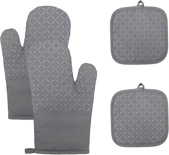 Oven Mitts and Pan Racks 4-Piece Set, Extended Kitchen Oven Mitts and Pan Racks, Heat Resistant 500 °F, Silicone Non-Slip Surface for Baking and Cooking (Grey)