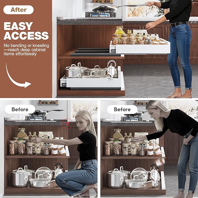 Seinloes 2 Pack Pull Out Cabinet Organizer Expandable Width(11"-16") and Depth(13"-17"),Slide Out Drawers With Raising Pad for Framed Cabinets,No Drill Roll Out Shelves for kitchen,Bathroom,White
