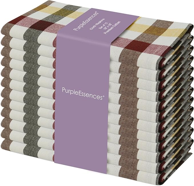 PurpleEssences Buffalo Plaid Cloth Napkins - Mitered Corners - Spring Easter Summer - Gingham Check Dinner Napkin - Set of 12-100% Cotton - 18x18 Inch - Reusable Washable - Harvest