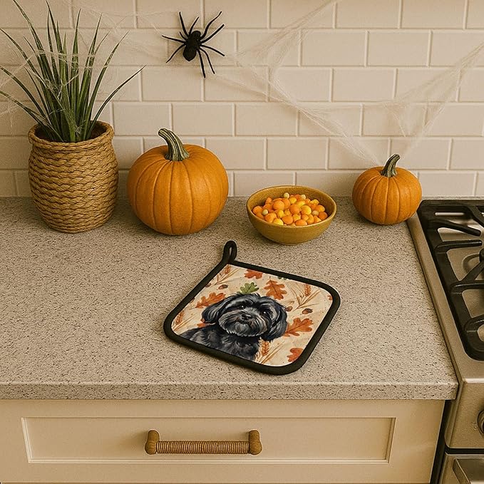 Caroline's Treasures Black Lhasa Apso Heirloom Fall Pair of Pot Holders Pair 7.5x7.5 Quilted Insulated Hot Pads Decorative Kitchen Gift Made in USA