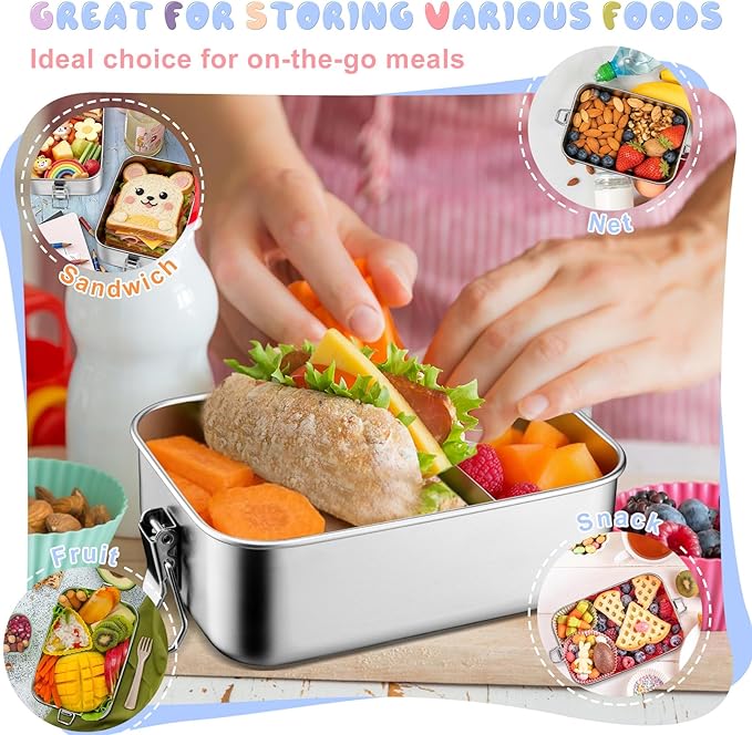 TeamFar Stainless Steel Bento Box, 2 Pack 47oz/1400ml Metal Lunch Box with 3 Compartments for Adults Kids, Large Lunch Food Containers for School/Work/Meal Prep, Leak-Proof & Dishwasher Safe