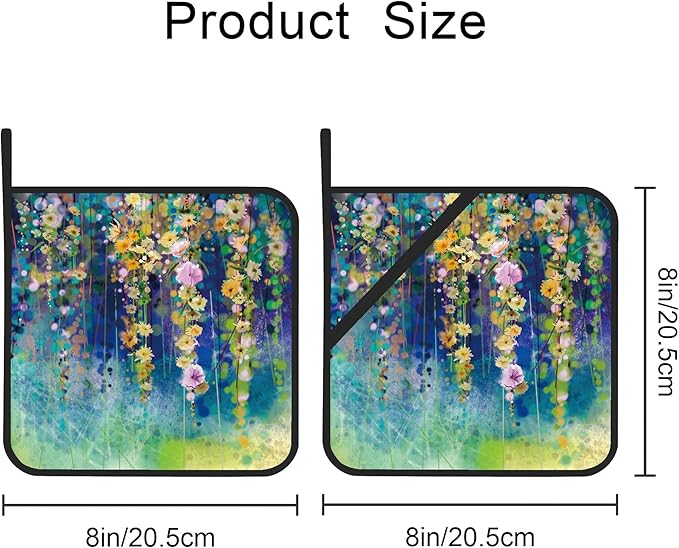 Abstract Floral Watercolor Painting Pot Holders Set of 2 Kitchen Heat Resistant Potholder for Microwave Cooking Baking Oven End Dishes and BBQ