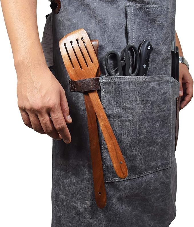 One Size Fits Utility Apron | Adjustable Cross-Back Straps | Multi-Use Shop Apron With Tool Pockets By Aaron Leather Goods (Grey, Canvas Leather)