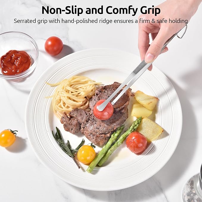 U-Taste 8" Kitchen Plating Tweezer Set: 18/8 Stainless Steel Food-Grade Metal Food Tong, Seamless-Welding, Flexible Pinching and Non-Slip for Serving, Decorating, Cooking, Baking (Round & Pointed Tip)