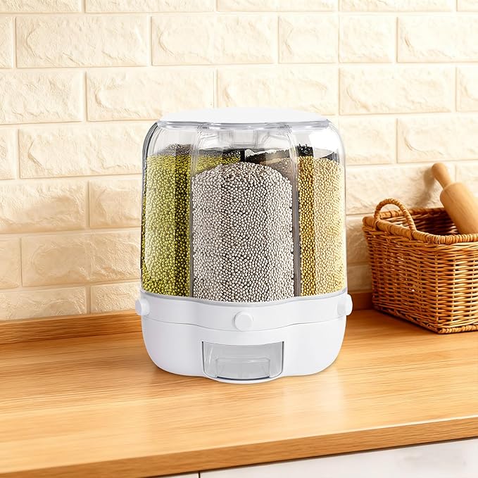 Cereal Dispenser Countertop 360° Rotating Grain Storage Container 13.2-27.56 Lbs Rice Dispenser 6 Grids Dry Food Dispenser Candy Dispensers for Grains, Beans, Rice (White, 27.56Lbs)