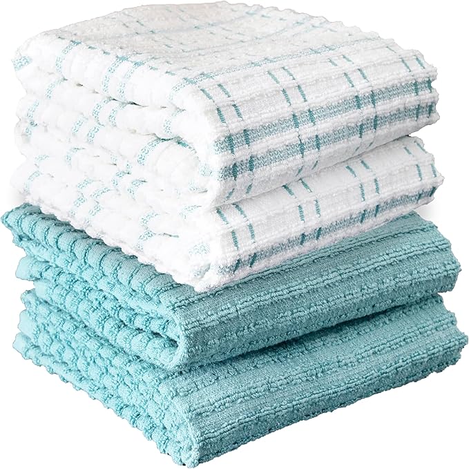Ritz Royale Collection 100% Combed Terry Cotton, Highly Absorbent, Kitchen Towel Set, 13-3/4" x 12", 4-Pack, Solid & Checked, Dew