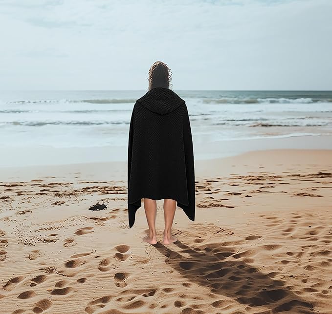 COTTON CRAFT Hooded Bath Towel – Oversized 35 x 70 Waffle Weave Towel with Hood for Adults - 100% Ringspun Cotton Pool Bath Sheet Wrap with Hood - Soft Super Absorbent Quick Dry – 450 GSM – Black