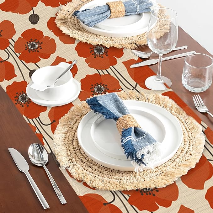 Table Runner Vintage Poppy Flower Table Runners Summer Seasonal Kitchen Dinning Decor for Indoor Outdoor Holiday Home Wedding Party 13x70 Inch