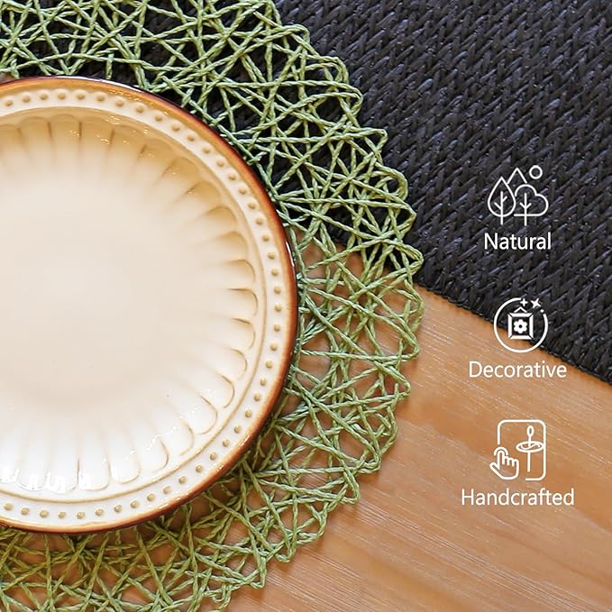 AHHFSMEI Paper Braided Round Placemats Set of 6 Natural Non-Slip Heat Resistant Table Mats for Dining Tables Woven Indoor & Outdoor Place mats(Green)