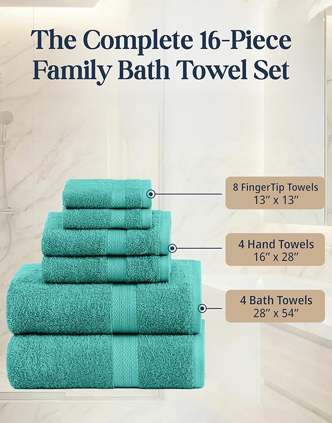 LANE LINEN 100% Cotton Bath Towel Set - 16 Pieces - Softer, Durable & Highly Absorbent - 4 Bath, 8 Wash cloths, 4 Hand Towels for Bathroom - Family Set, Premium Quality & OEKO-TEX Certified - Teal