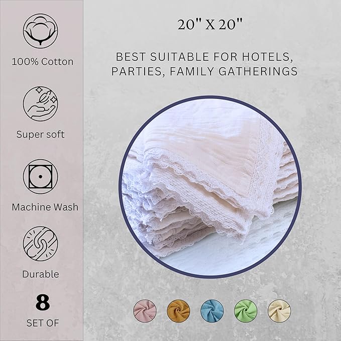 Fingercraft Dinner Cloth Napkin Cotton Muslin Double Gauze 8 Pack with Classic Lace for Everyday Use, Wedding, Party, Christmas, Easter Napkins Cloth are Pre Shrunk and Good Absorbency White