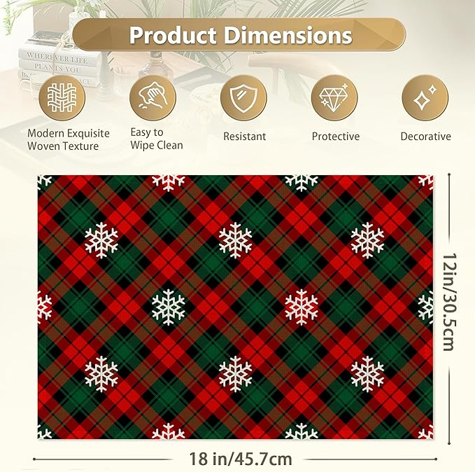Set of 6 Washable Red Green Plaids Placemats Non-Slip Heat-Resistant 12x18 Inch Thick Decorative Retro Christmas Plaid Linen Table Mats for Dining Table Home Décor