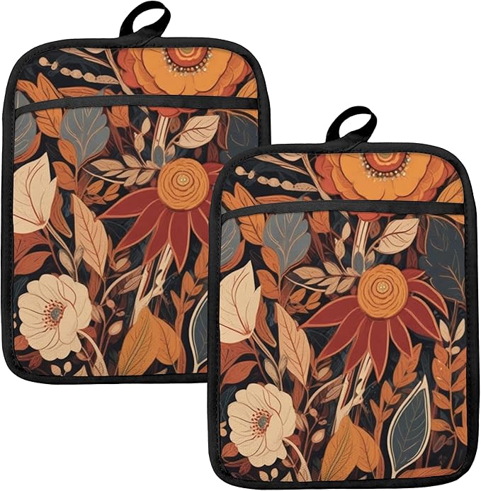 Boho Vintage Floral Pot Holders for Kitchen, Mid Century Modern Boho Flower Botanical Heat Resistant Hot Pads and Oven Mitts for Baking Cooking