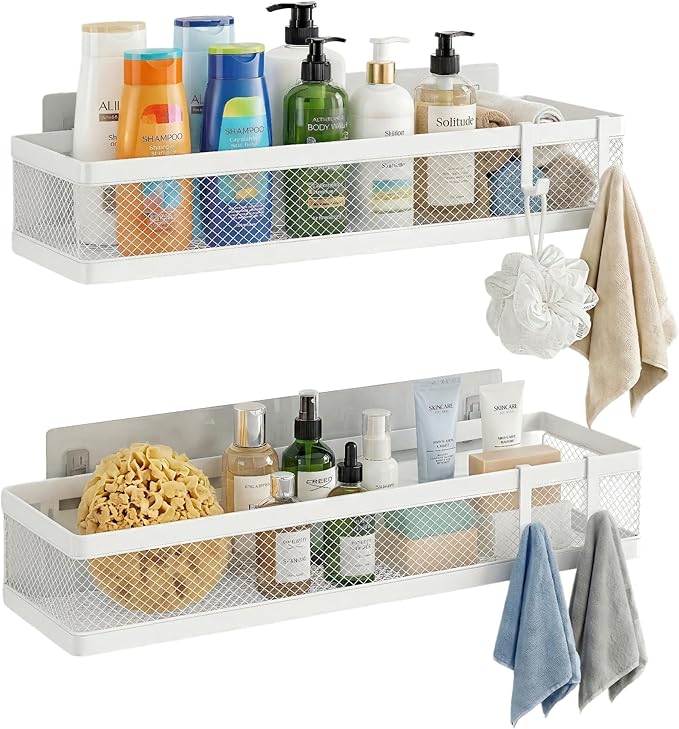 PUSDON 16.5-Inch Extra Long Slim Mesh Shower Caddy, Wall Mounted Bathroom Organizer with Adhesive, Heavy Duty Rustproof Shelf for Narrow Kitchen Pantry & RV, Holds 50 LBS 2-Pack - White Netting