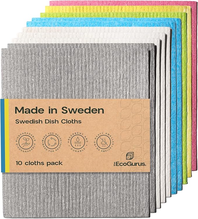10 Pack Odour-Resistant Reusable Cleaning Cloths | Original Swedish Dishcloth | Made in Sweden | Suitable for All Surfaces | Biodegradable Cellulose Sponge | Kitchen & Bathroom | Multi-Coloured