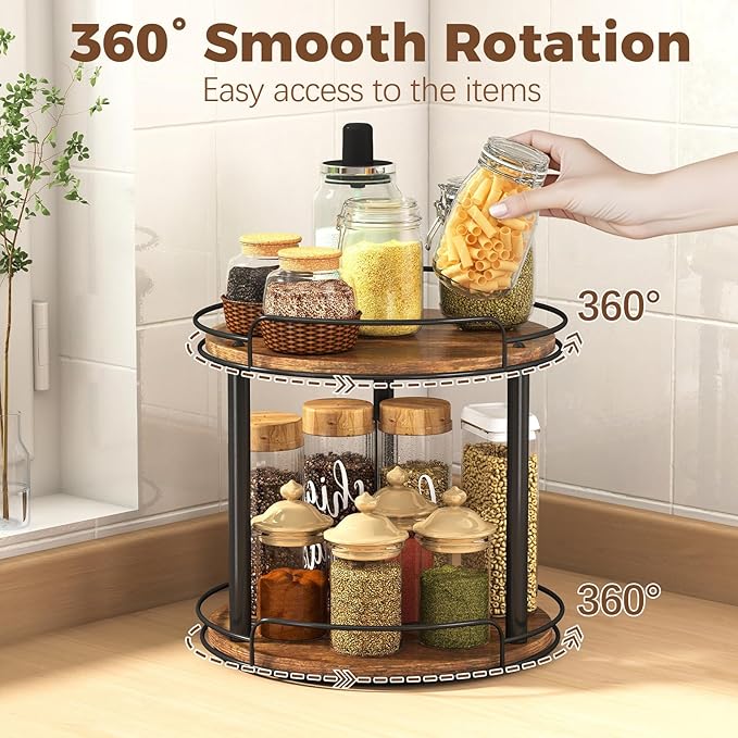 LAMU 9.1'' Wood Lazy Susan Turntable Organizer for Cabinet, 2 Tier Lazy Susan Spice Rack Organizer for Kitchen, Table Top, Countertop, Pantry, Medicine Organizer