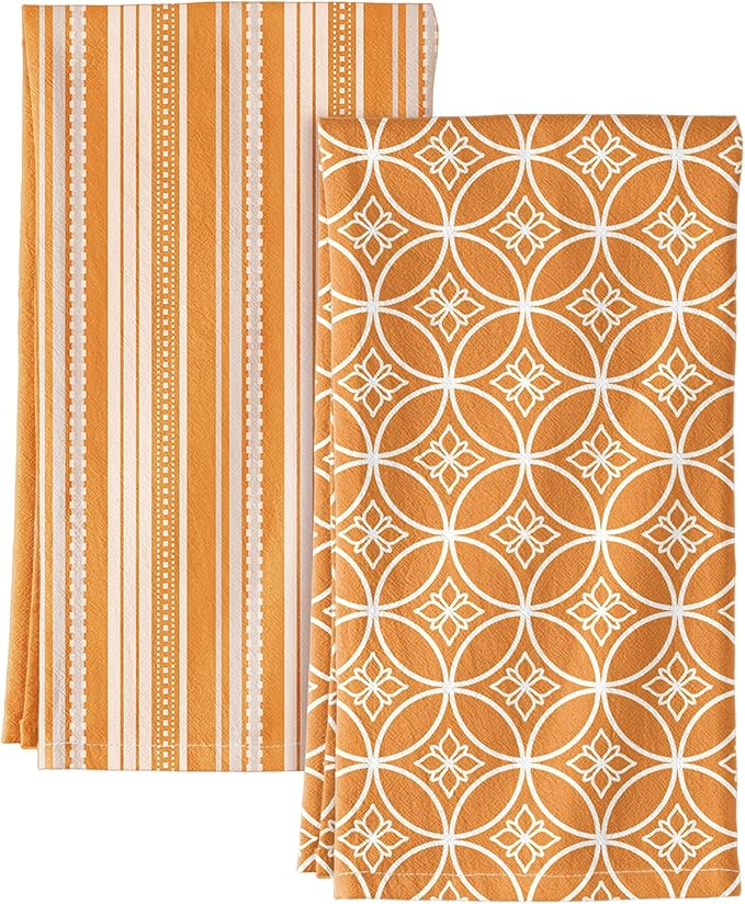 Miss Adola 2 Pack Flour Sack Kitchen Towels - 16x26 Inch Cotton Dish Towels with Hanging Loop Reusable Geometric Boho Modern Retro Tea Towel Absorbent Dishcloths Home Decor, Orange Stripe