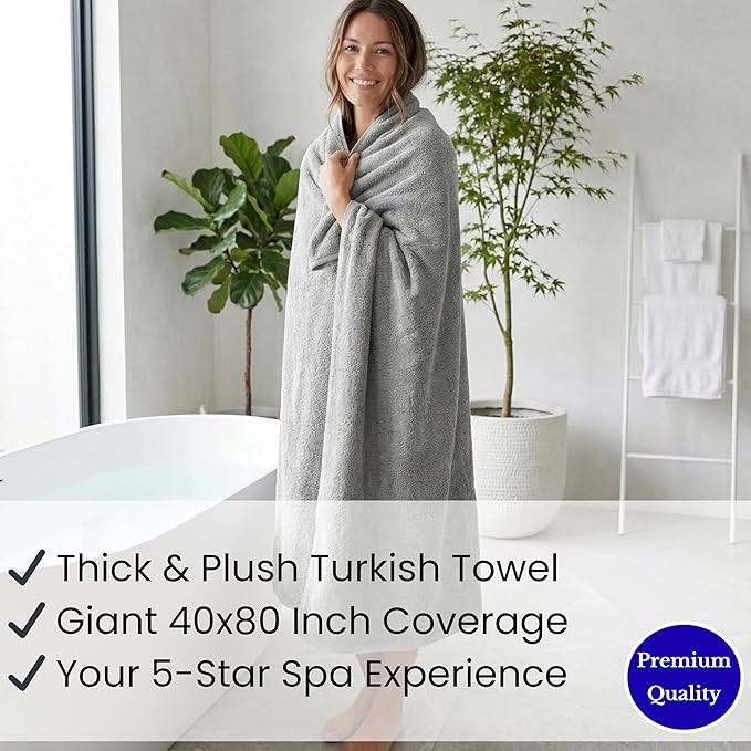 SALBAKOS Luxury 100% Turkish Cotton Bath Sheets 40x80 in Oversized Extra Large Bath Towels Thick Soft Absorbent Turkish Towel for Spa Beach (Pack of 1, Silver, Jumbo Bath Sheet)