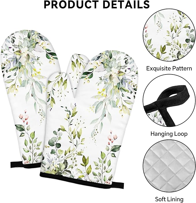 Eucalyptus Leaves Oven Mitts and Pot Holders Sets Sage Green Botanical Floral Kitchen Oven Gloves Hot Pads Farmhouse Potholders and Kitchen Mitts 4Pcs for Baking Cooking BBQ (White)