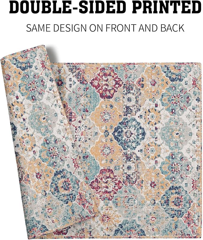 aportt Ethnic Boho Placemats Set of 4 Bohemian Carpet Vintage Rust Coral Floral Carpet Linen Washable Kitchen Dining Table Mats Stain Heat-Resistant Desktop Decor Place Mats 12x18 in