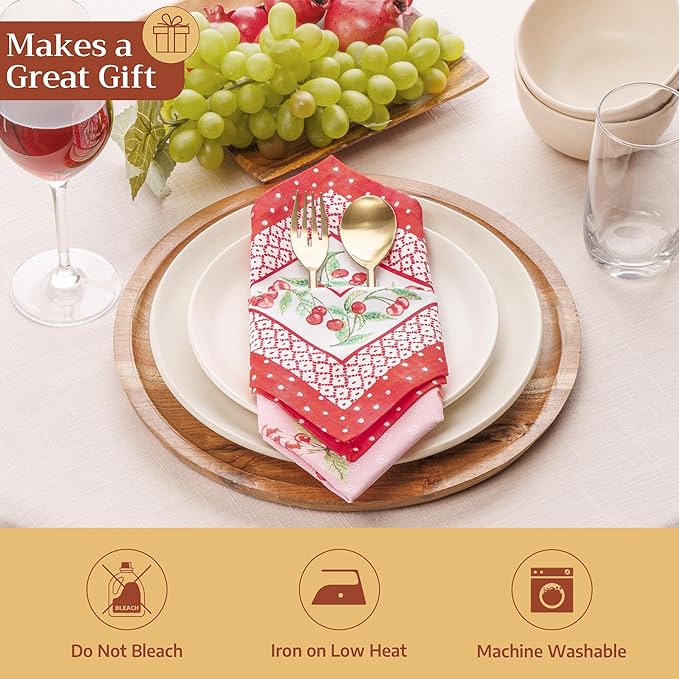 Maison d' Hermine Cloth Napkins Set of 4 100% Cotton Everyday Reusable Square Napkins Cloth Washable Dinner Party Wedding Restaurant Gifts for Mothers Day Spring/Summer (Pink Cherries, 18" x 18")