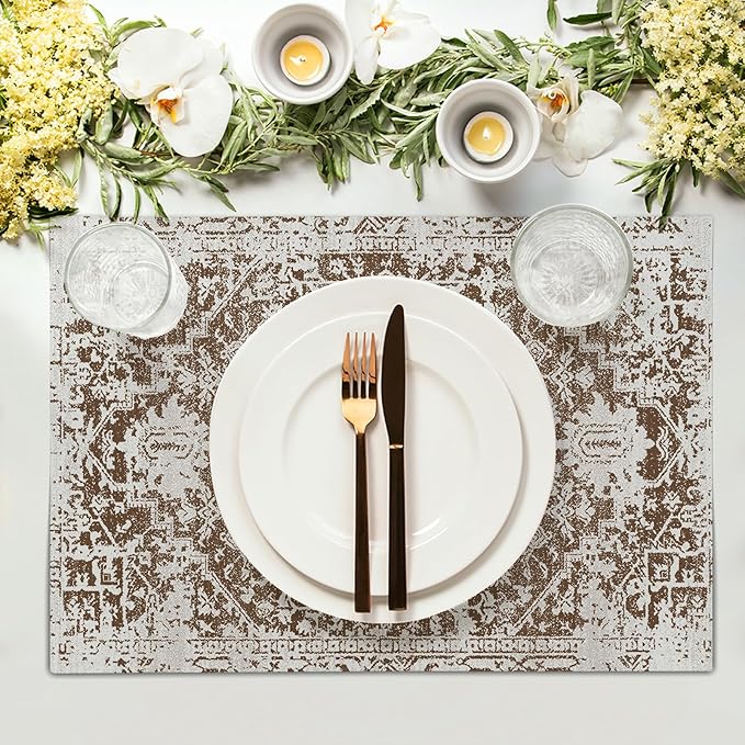 aportt Gray Brown Boho Placemats Set of 4 Ethnic Bohemian Carpet Place Mats Washable Kitchen Dining Vintage Grey Geography Floral Linen Table Mats Stain Heat-Resistant for Home Party Indoor 12x18 in