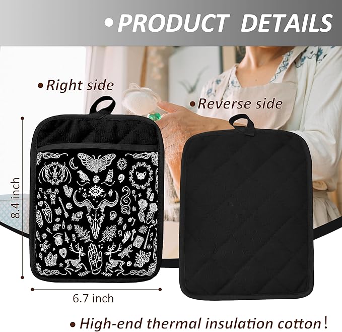 Gothic Witchy Skull Pot Holders with Pockets, Witchy Gifts, Goth Black Pot Holders Heat Resistant Oven Mitts Hot Pads for Kitchen Baking Cooking,Potholders for Kitchens