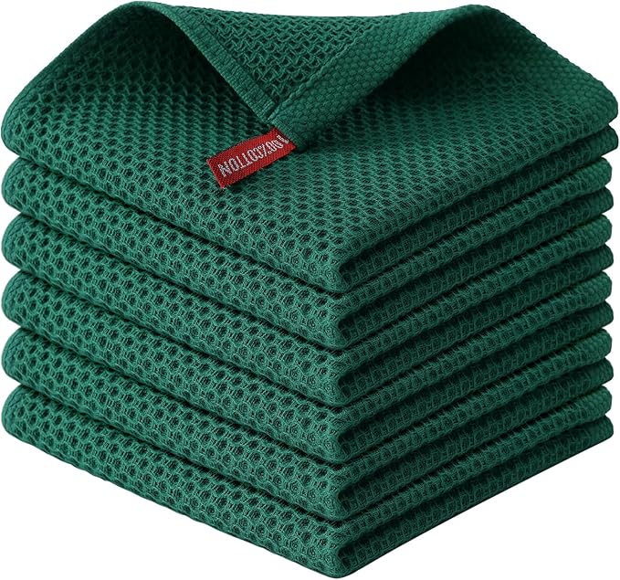 Kitinjoy 100% Cotton Kitchen Dish Cloths (12 X 12 Inches, Dark Green), 6 Pack Waffle Weave Ultra Soft Absorbent Dish Towels for Drying Dishes Quick Drying Kitchen Towels Dish Rags