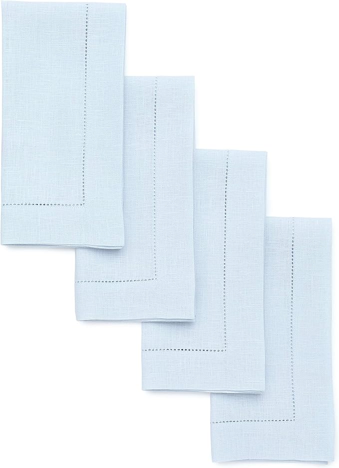 Solino Home Light Blue Linen Napkins Set of 4-100% Pure Linen Hemstitch Dinner Napkins 20 x 20 Inch for Spring, Summer, Mothers Day - Classic Hemstitch