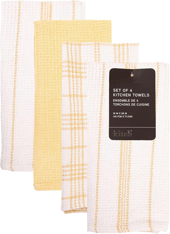 MosJos Kitchen Towels Set of 4 Dish Towels Yellow n White Waffle Weave Cotton Hand Towels, 18 x 28 Absorbent Kitchen Linens