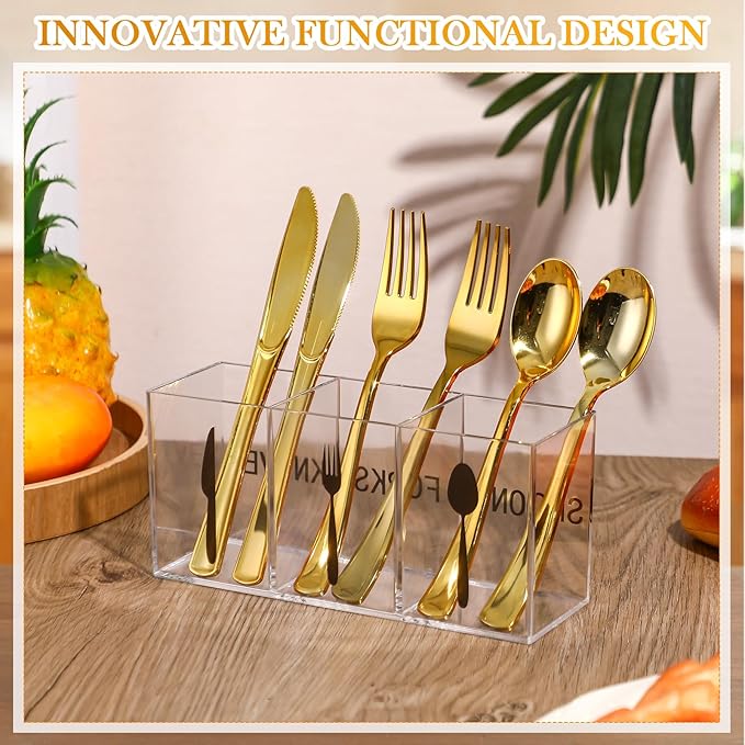 Suzile Acrylic Cutlery Storage Organizer Plastic Utensil Holder Clear Silverware Organizer 3 Section Tableware Storage Box Countertop Fork Spoon Knife Holder Party Flatware Caddy for Kitchen Storage