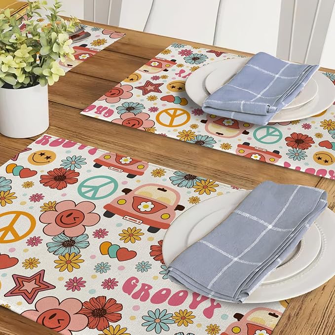 Groovy Hippie Daisy Flower Placemats Set of 4, Vintage Bus Floral Peace Love Hearts Dining Place Mats Table Decor, Retro Smiley Face Home Kitchen Decoration 12''x18''