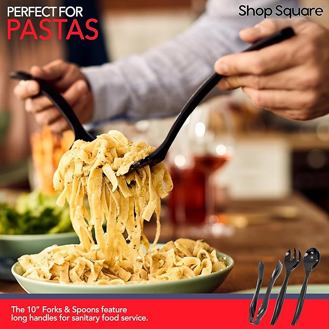 Disposable Plastic Serving Set - 18 Black Utensils, 6" Tongs, 10' Spoons, 10' Forks, Buffet & Party Use