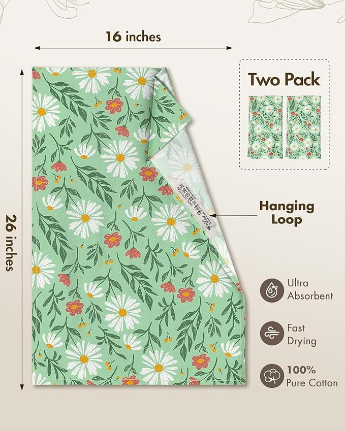 Miss Adola Flour Sack Kitchen Towels - Set of 2 Cotton Dish Towels with Hanging Loop Decorative 18x26 Inch Absorbent Cute Design for Housewarming Gifts, Green Daisy