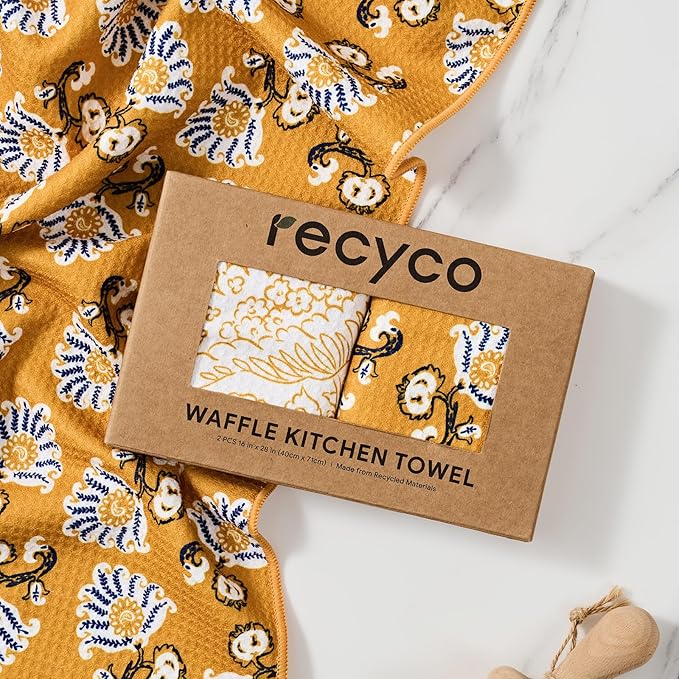 RECYCO Waffle Kitchen Towel Set of 2 - Quick Dry Microfiber Sustainable Dish Towels - Ultra Absorbent Reusable Cleaning Tea Towels - Lightweight Hand Towels,16”x 28”, Marigold Mosaic