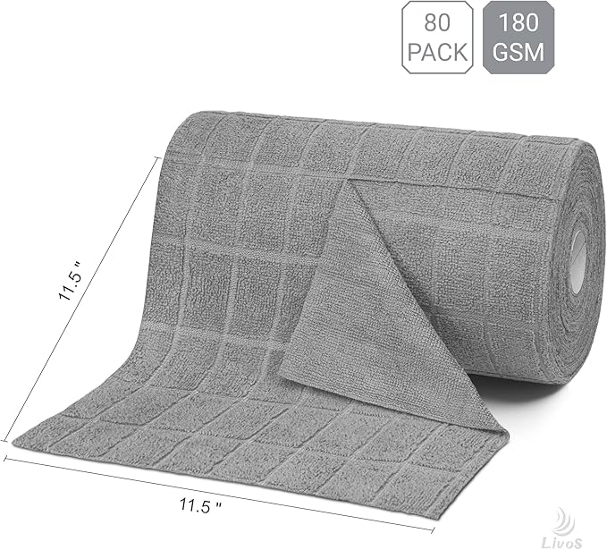 LIVOS Microfiber Cleaning Cloth Roll - 80 Pack, Reusable Paper Towels, Microfiber Towels for Cars, Super Absorbent Lint Free Cleaning Rags for House, Kitchen, Window-Check Grey, 11.5"x11.5"