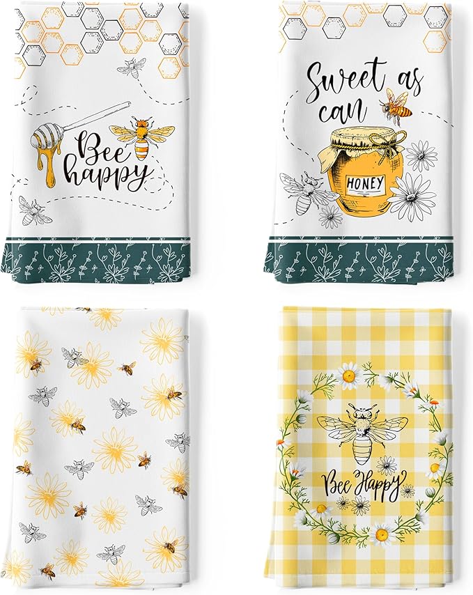 Spring Summer Honeybee Tea Towels, Cotton Kitchen Towel 18.9 × 27.5 inch, Quick Drying Dish Cloth for Party Anniversary Holiday Decoration, Housewarming Gifts for Mom