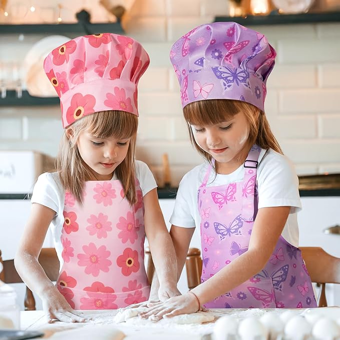 GROBRO7 4Pcs Pink Theme Kids Apron and Chef Hat Set Gift for Girls, Floral Butterfly Adjustable Kitchen Beginner Toddler Aprons with 2 Pockets Waterproof Smocks for Baking Cooking Painting Training